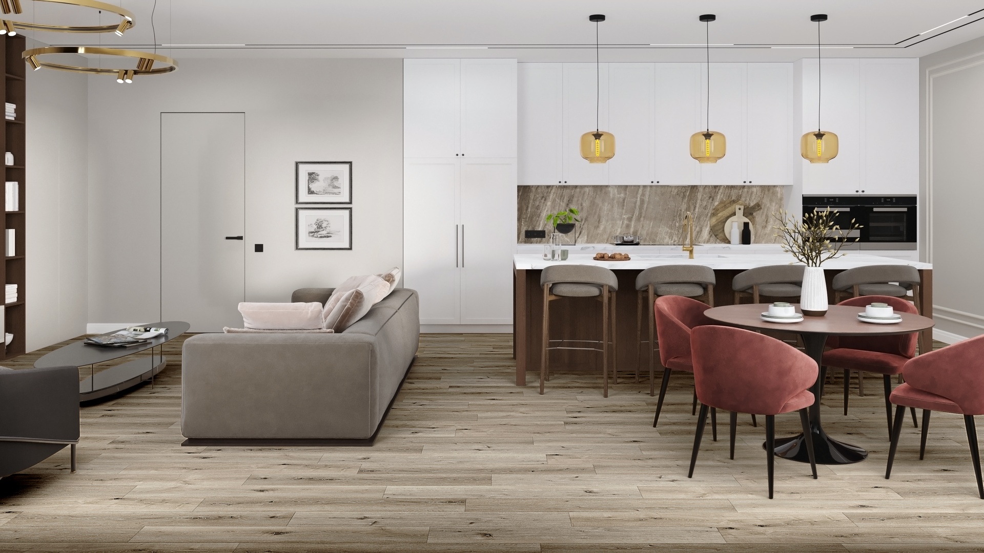 Кварцвиниловая плитка Damy Floor клеевая Family LVT Дуб Лофт Loft Oak 1508-1-LVT 1227×187×2,5 фото в интерьере