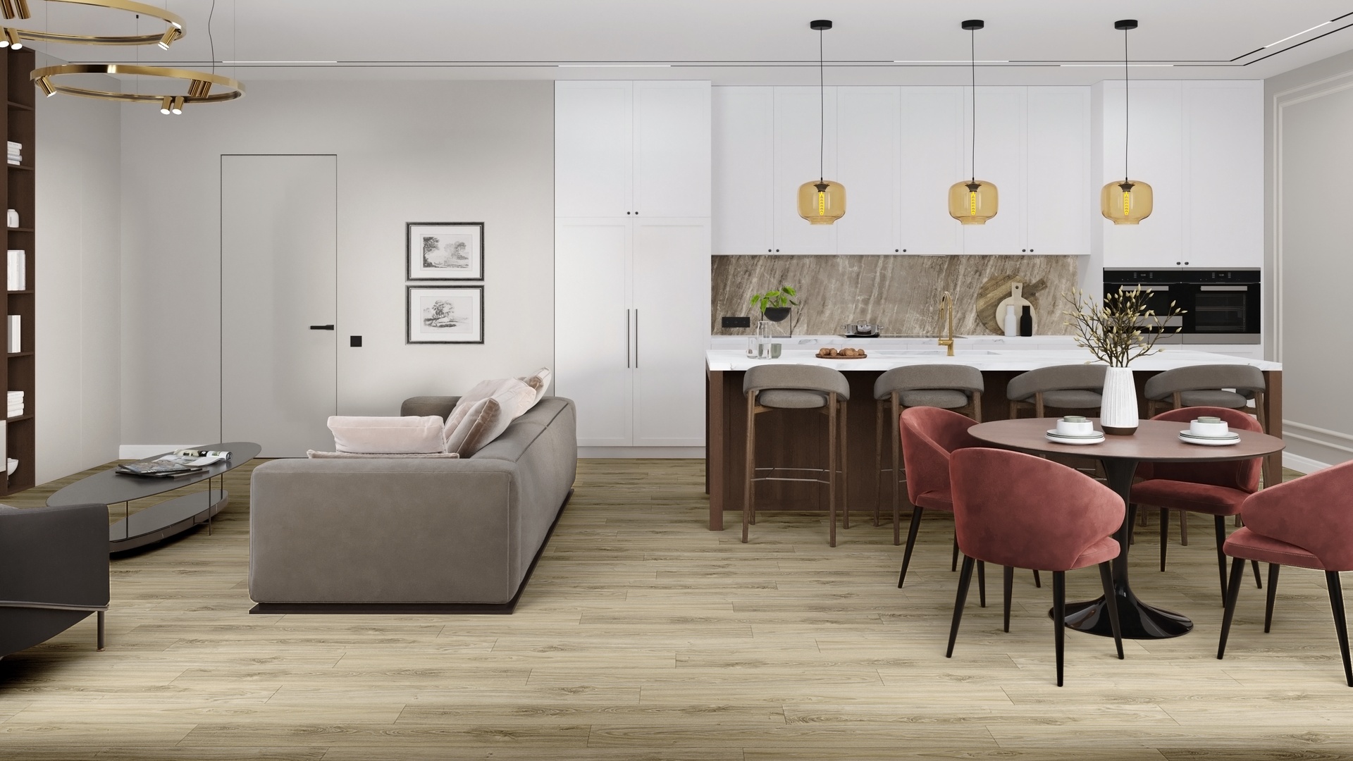 Кварцвиниловая плитка Damy Floor клеевая Family LVT Дуб Белый White Oak SL3739-3-LVT 1227×187×2,5 фото в интерьере