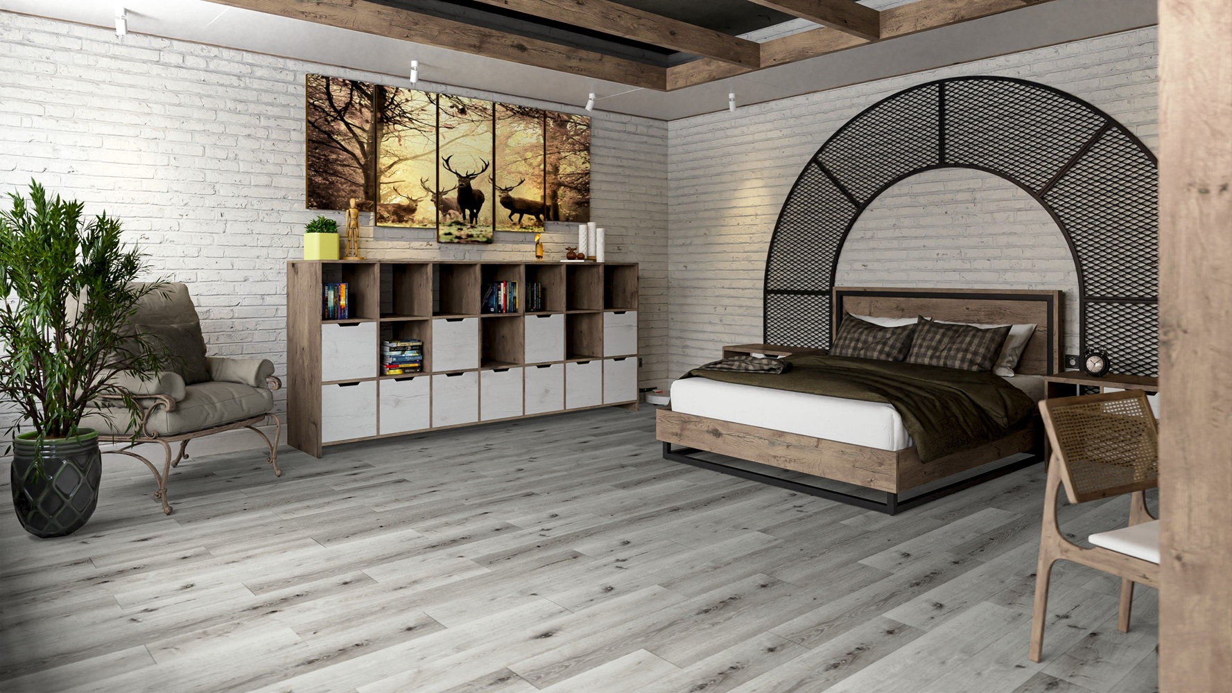 Кварцвиниловая плитка Damy Floor клеевая Family LVT Дуб Классический Серый Classic Gray Oak T7020-2-LVT 1227×187×2,5 фото в интерьере