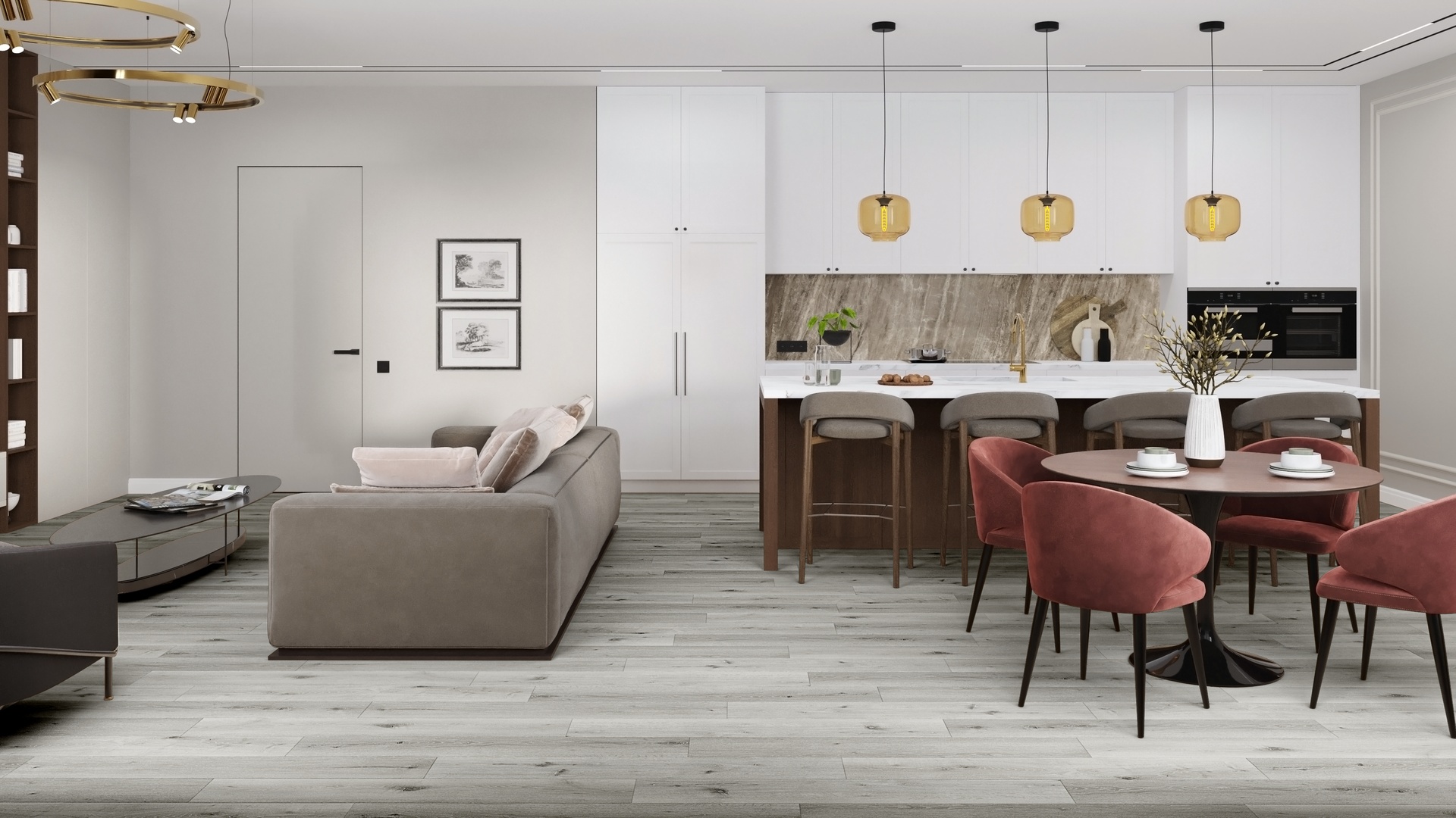 Кварцвиниловая плитка Damy Floor клеевая Family LVT Дуб Классический Серый Classic Gray Oak T7020-2-LVT 1227×187×2,5 фото в интерьере