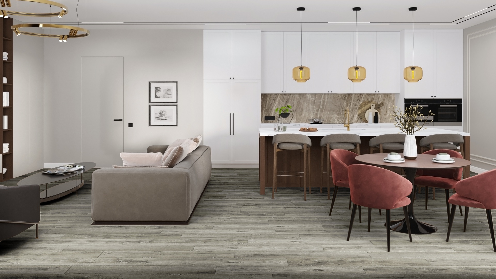 Кварцвиниловая плитка Damy Floor клеевая Family LVT Дуб Рустикальный Cерый Rustic Gray Oak TCM369-28-LVT 1227×187×2,5 фото в интерьере