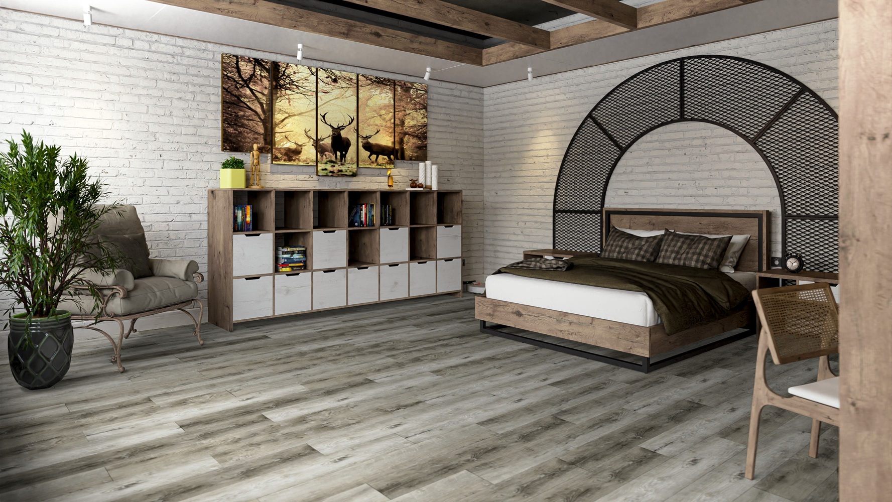 Кварцвиниловая плитка Damy Floor клеевая Family LVT Дуб Рустикальный Cерый Rustic Gray Oak TCM369-28-LVT 1227×187×2,5 фото в интерьере