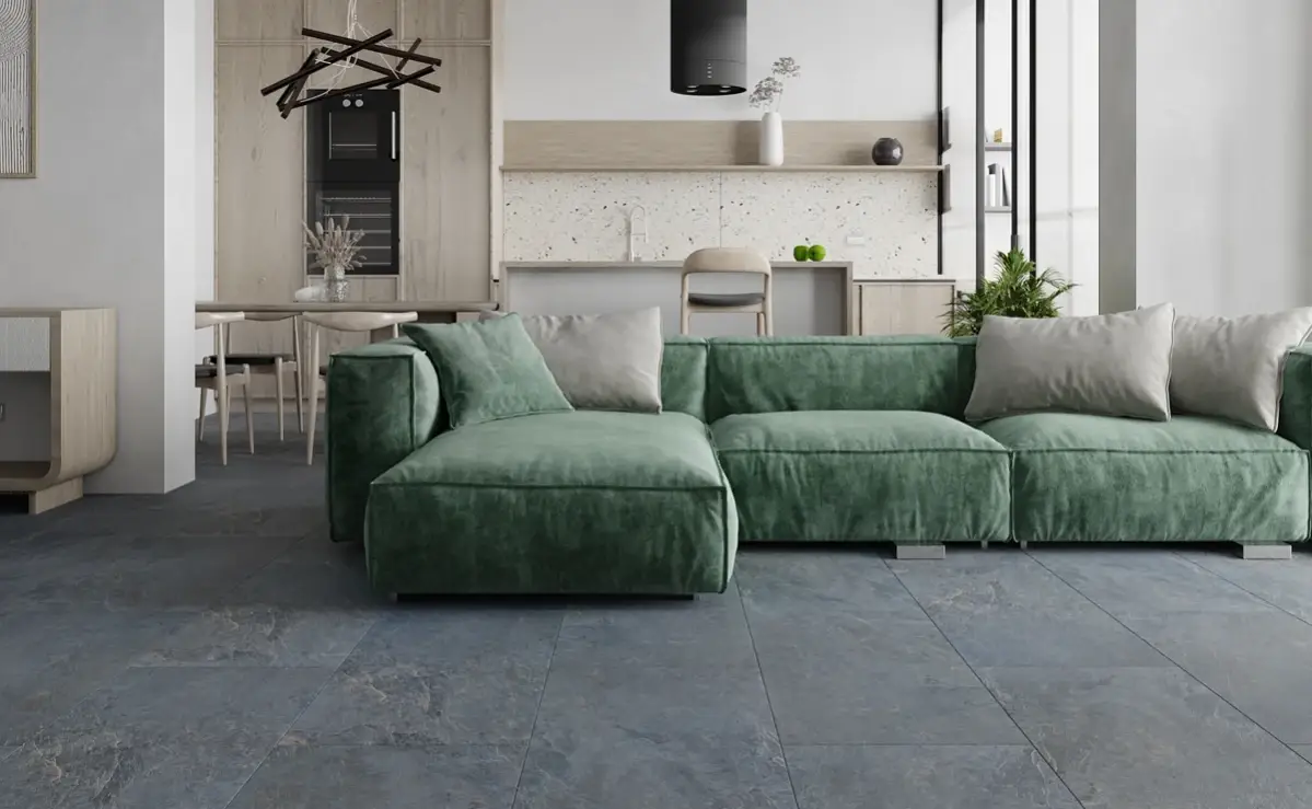 Кварцвиниловая плитка Vinilam клеевая Ceramo Stone Glue Мальтийский Базальт 91907 950×475×2,5 фото в интерьере