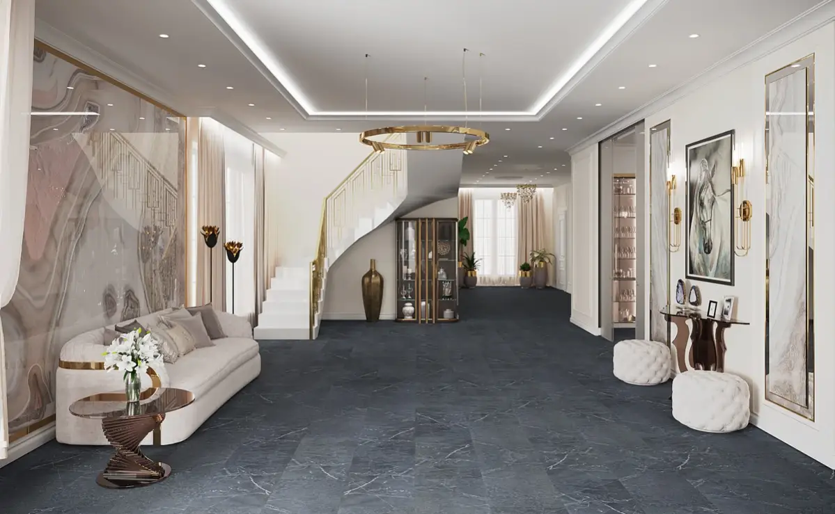 Кварцвиниловая плитка Vinilam клеевая Ceramo Stone Glue Ионический Мрамор 91909 950×475×2,5 фото в интерьере