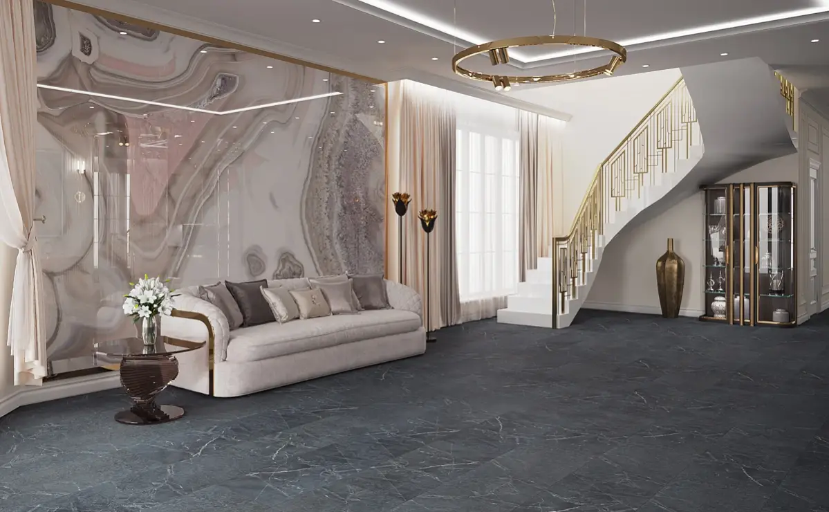 Кварцвиниловая плитка Vinilam клеевая Ceramo Stone Glue Ионический Мрамор 91909 950×475×2,5 фото в интерьере