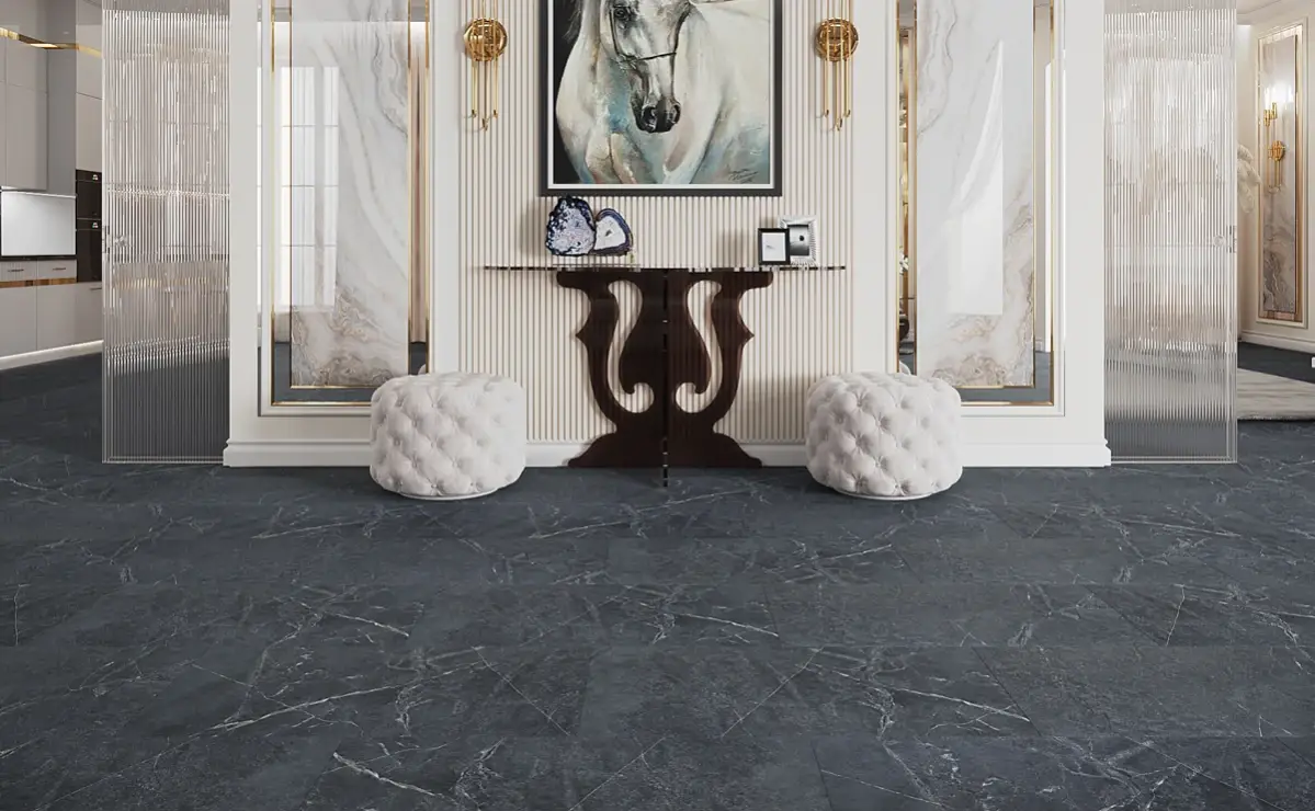 Кварцвиниловая плитка Vinilam клеевая Ceramo Stone Glue Ионический Мрамор 91909 950×475×2,5 фото в интерьере