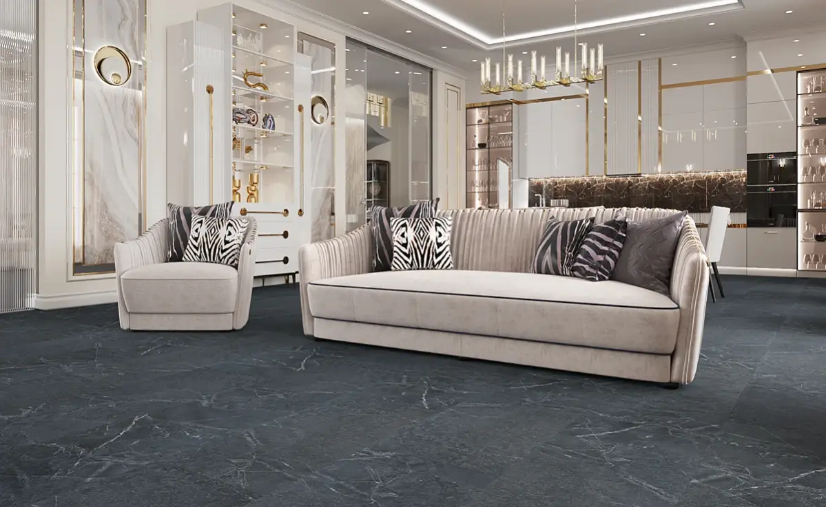 Кварцвиниловая плитка Vinilam клеевая Ceramo Stone Glue Ионический Мрамор 91909 950×475×2,5 фото в интерьере