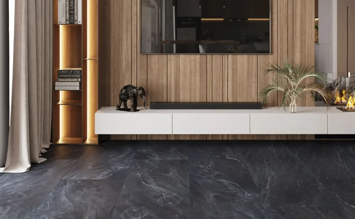 Кварцвиниловая плитка Vinilam клеевая Ceramo Stone Glue Неаполитанский Черный 91910 950×475×2,5 фото в интерьере