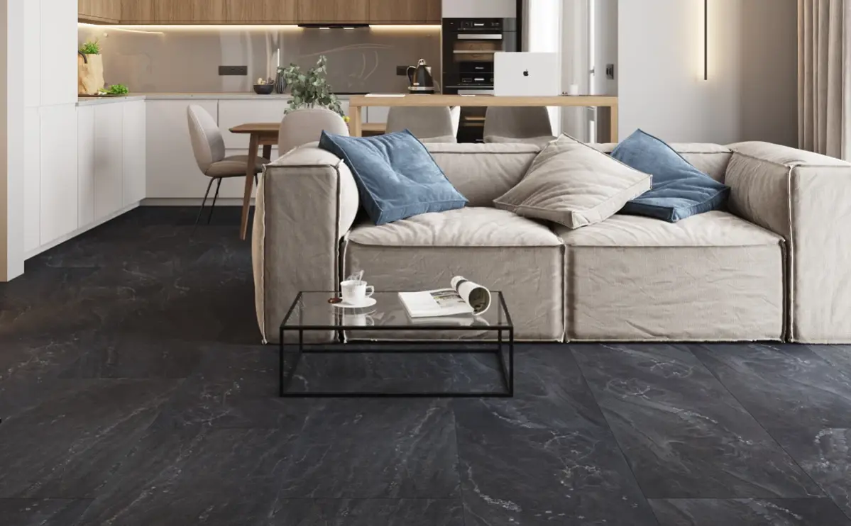 Кварцвиниловая плитка Vinilam клеевая Ceramo Stone Glue Неаполитанский Черный 91910 950×475×2,5 фото в интерьере