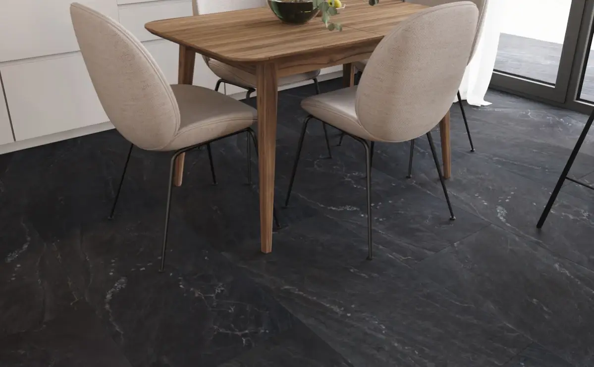 Кварцвиниловая плитка Vinilam клеевая Ceramo Stone Glue Неаполитанский Черный 91910 950×475×2,5 фото в интерьере