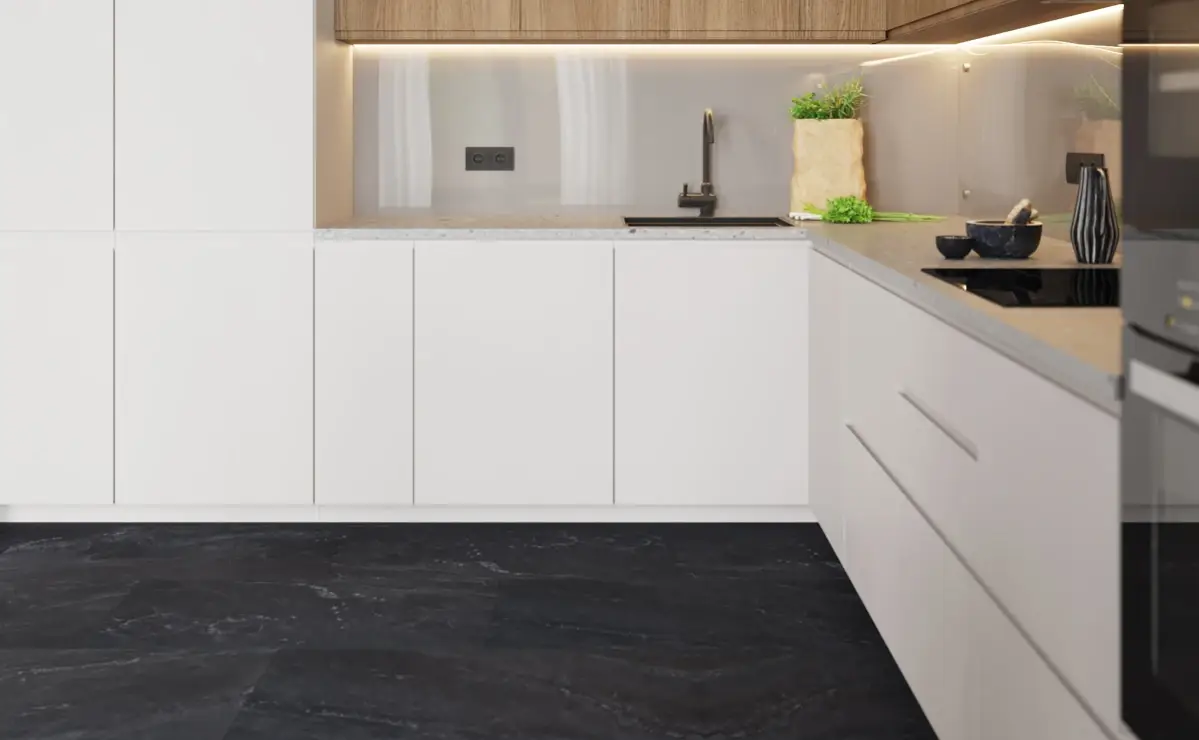 Кварцвиниловая плитка Vinilam клеевая Ceramo Stone Glue Неаполитанский Черный 91910 950×475×2,5 фото в интерьере