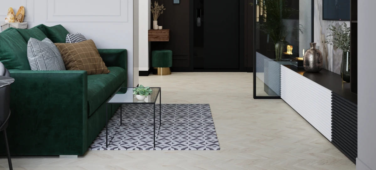 Кварцвиниловая плитка Vinilam клеевая Parquet Chevron Glue Шеврон Бриссак RI4777CL7 французская елка 690×115×2,5 фото в интерьере