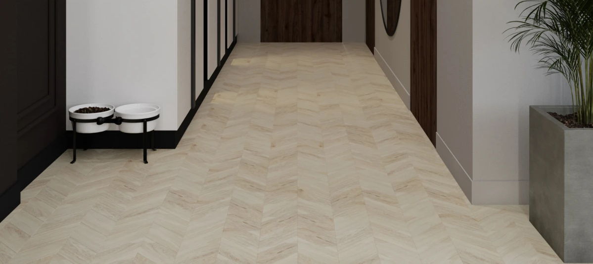 Кварцвиниловая плитка Vinilam клеевая Parquet Chevron Glue Шеврон Бриссак RI4777CL7 французская елка 690×115×2,5 фото в интерьере