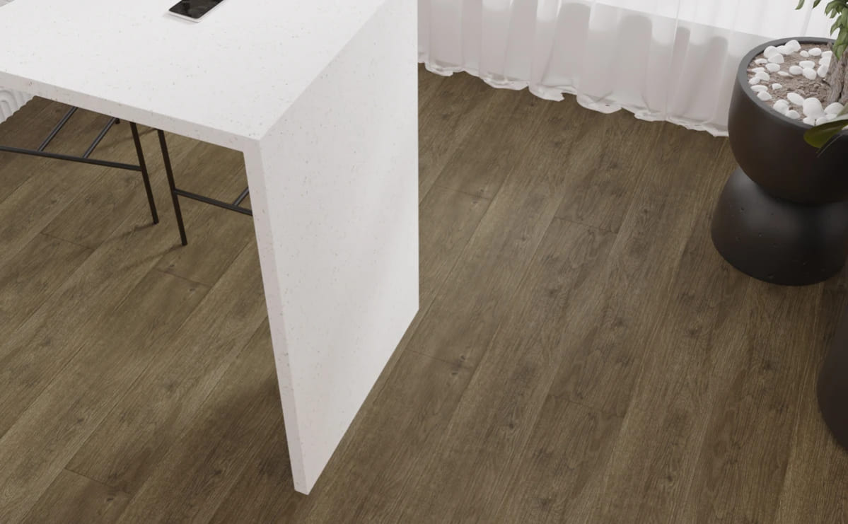 Кварцвиниловая плитка Vinilam замковая Click Дуб Мерс 8891 1220×181×3,7 фото в интерьере