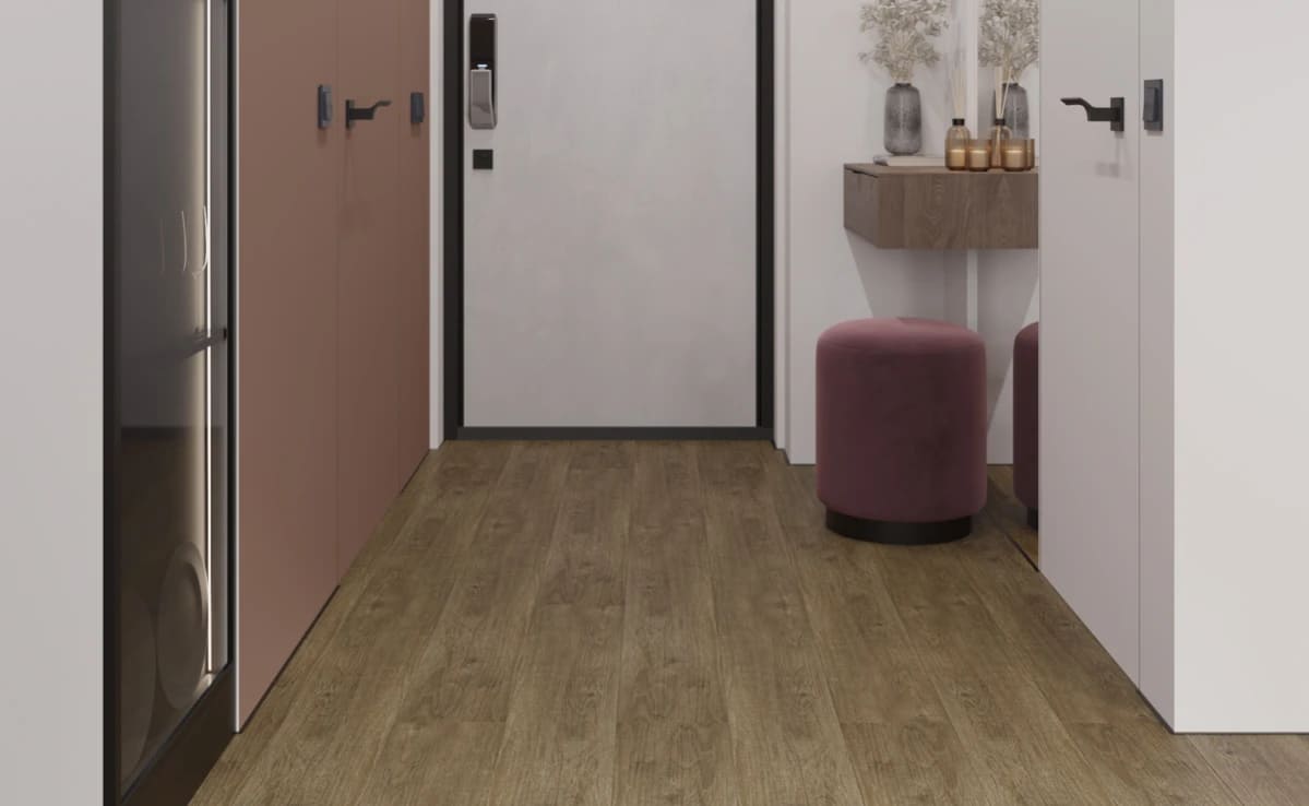 Кварцвиниловая плитка Vinilam замковая Click Дуб Мерс 8891 1220×181×3,7 фото в интерьере