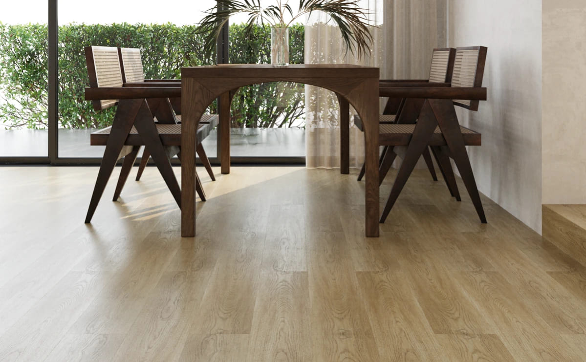 Кварцвиниловая плитка Vinilam замковая Click Дуб Шверин 8897 1220×181×3,7 фото в интерьере