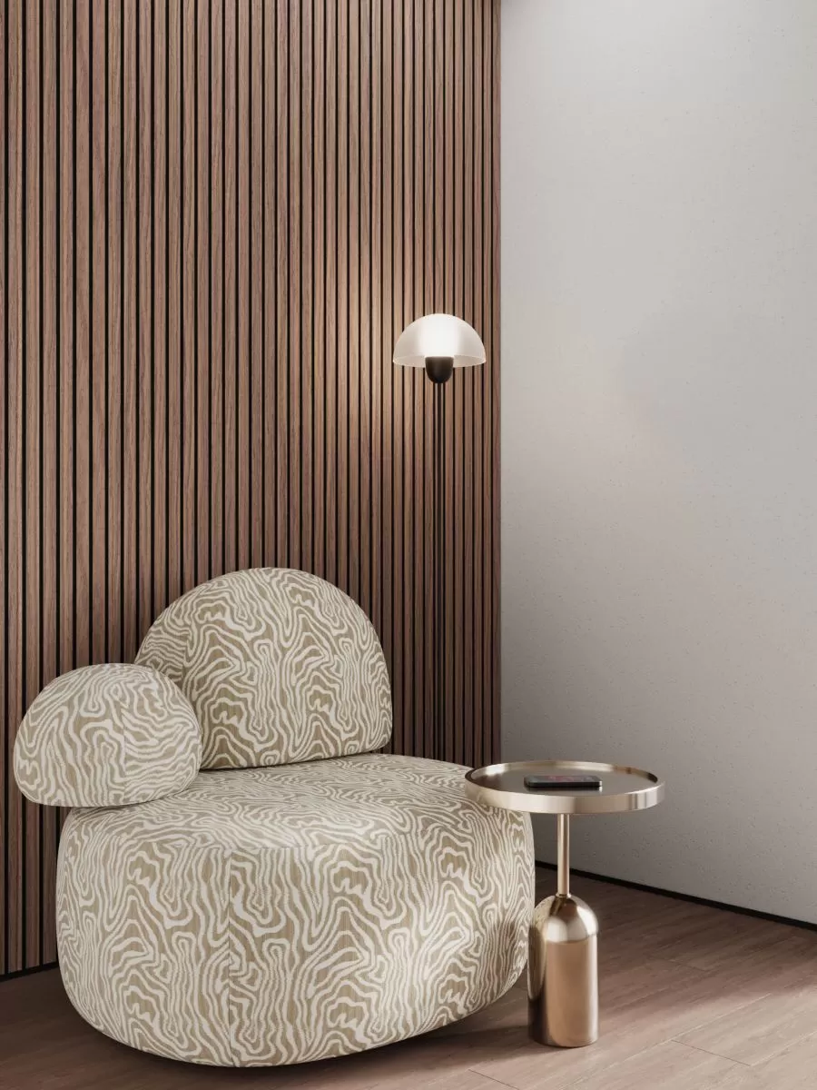 МДФ стеновая панель акустическая Ликорн Орех Американский черный войлок 2800×300×9 фото в интерьере