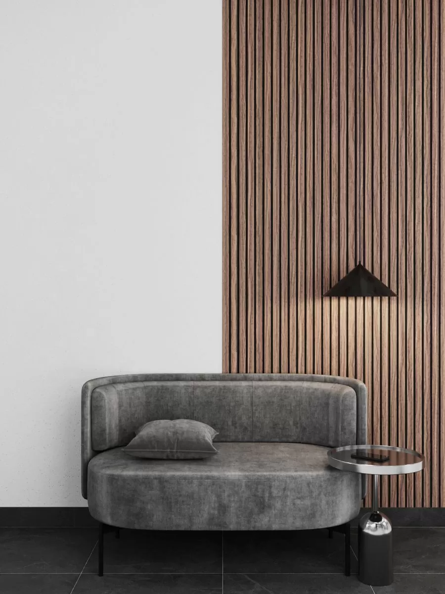 МДФ стеновая панель акустическая Ликорн Орех Американский черный войлок 2800×300×9 фото в интерьере