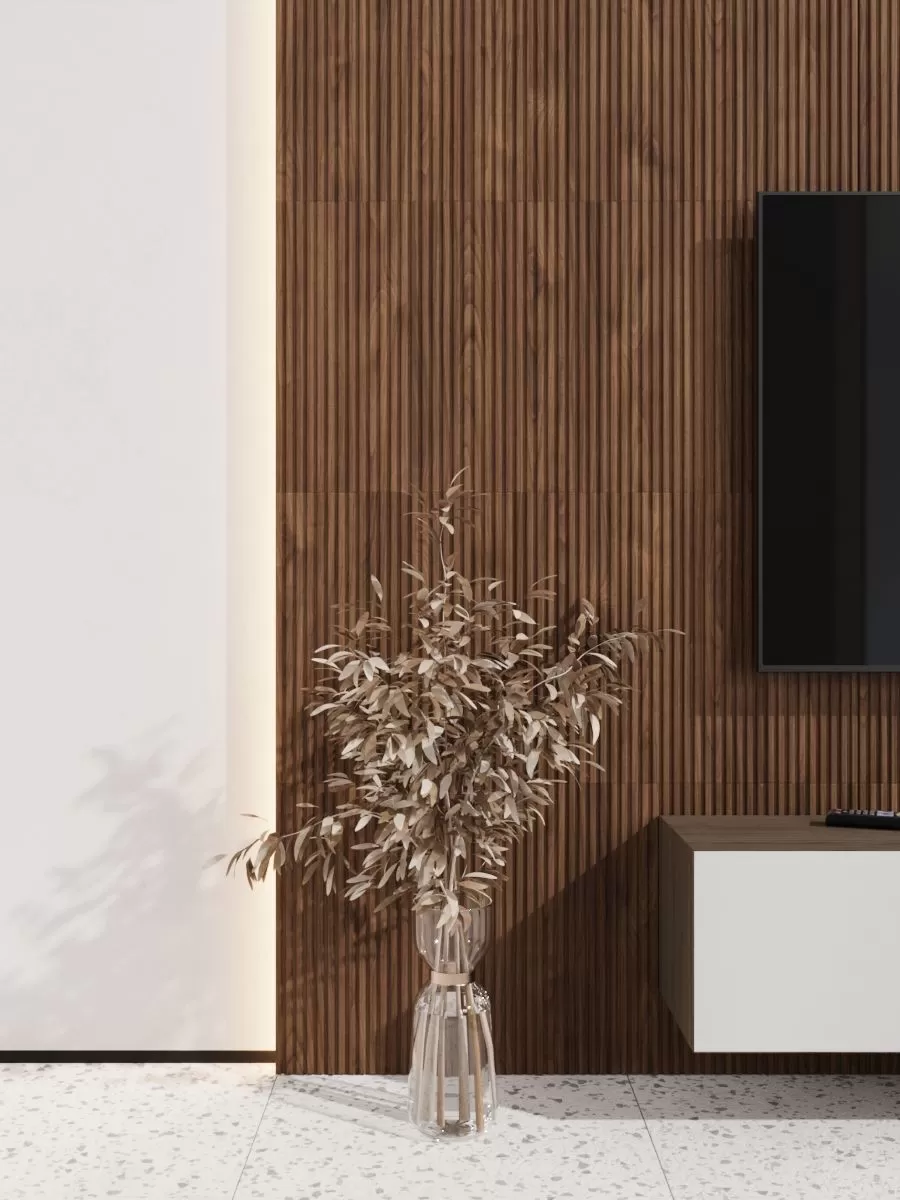 МДФ стеновая панель Ликорн Полосы Орех темный 500×500×8 фото в интерьере