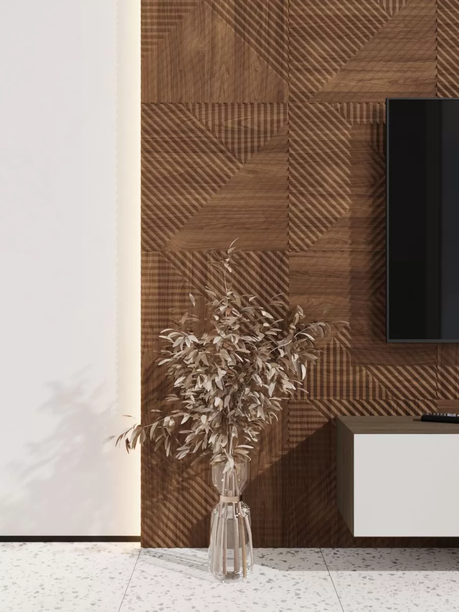 МДФ стеновая панель Ликорн Пирамида Орех темный 500×500×8 фото в интерьере