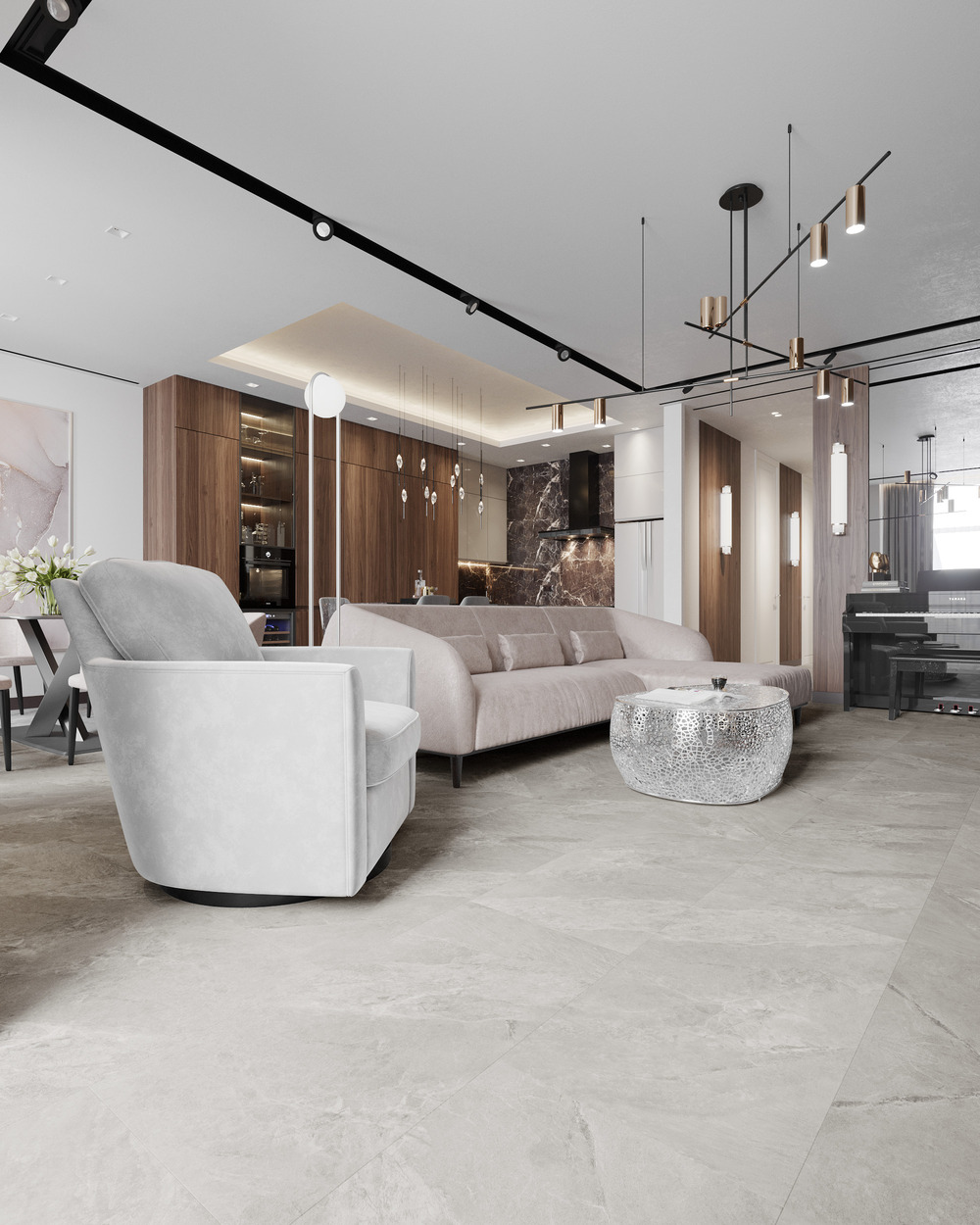 Кварцвиниловый SPC ламинат Vinilam Ceramo Stone Тосканский Камень 91902 940×470×8 фото в интерьере