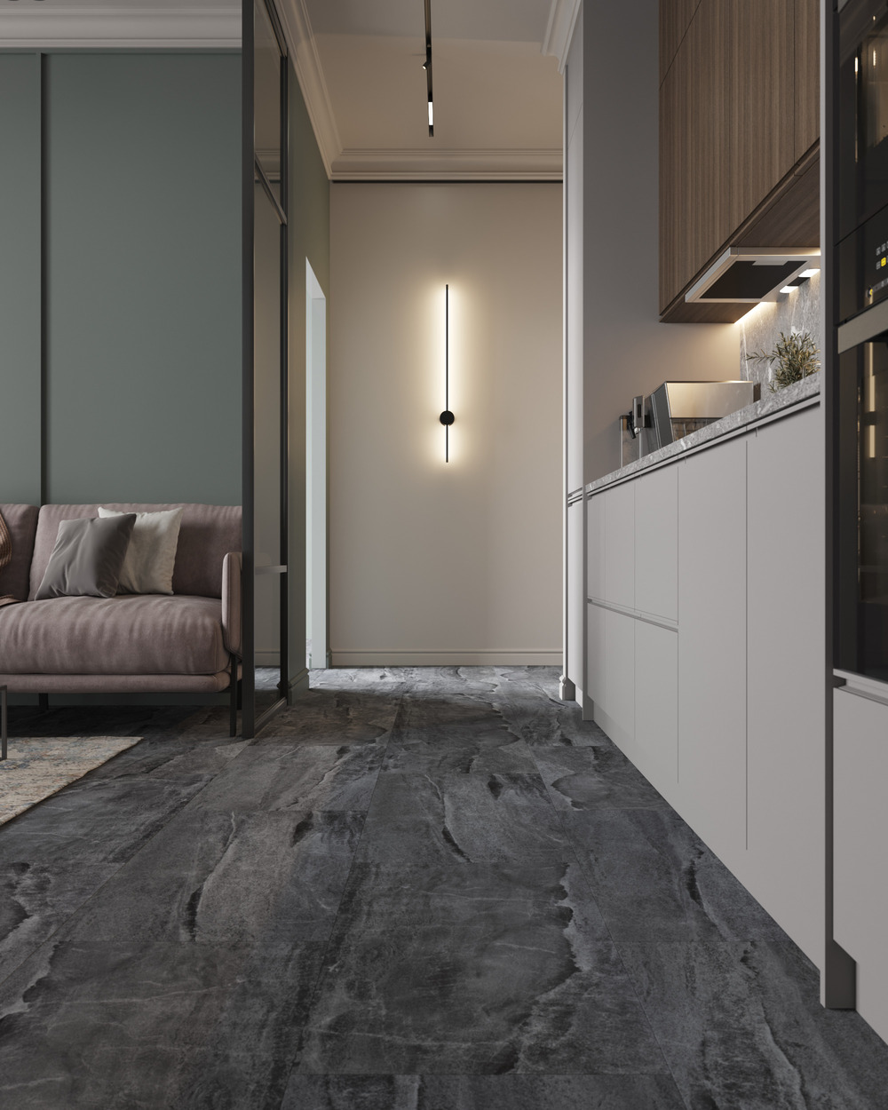 Кварцвиниловый SPC ламинат Vinilam Ceramo Stone Колумбийский Камень 91906 940×470×8 фото в интерьере