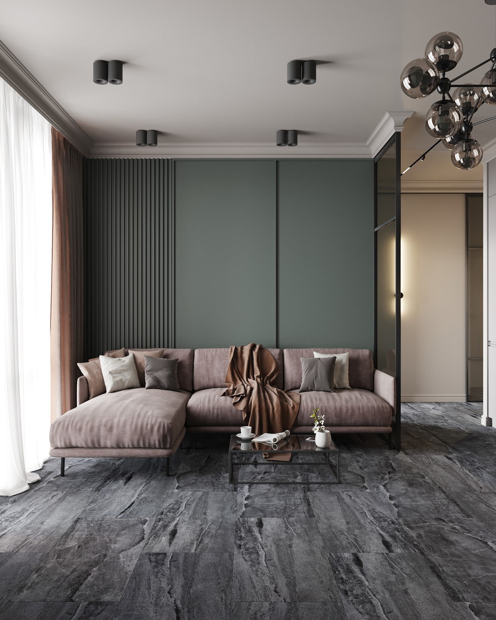 Кварцвиниловый SPC ламинат Vinilam Ceramo Stone Колумбийский Камень 91906 940×470×8 фото в интерьере