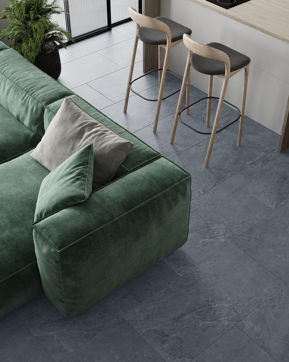 Кварцвиниловый SPC ламинат Vinilam Ceramo Stone Мальтийский Базальт 91907 940×470×8 фото в интерьере