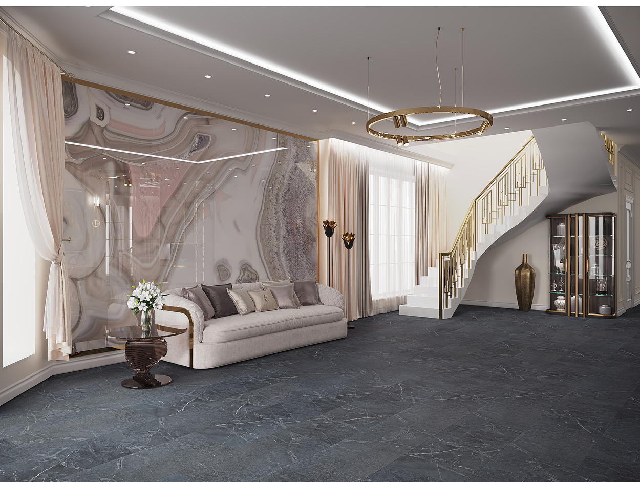 Кварцвиниловый SPC ламинат Vinilam Ceramo Stone Ионический Мрамор 91909 940×470×8 фото в интерьере