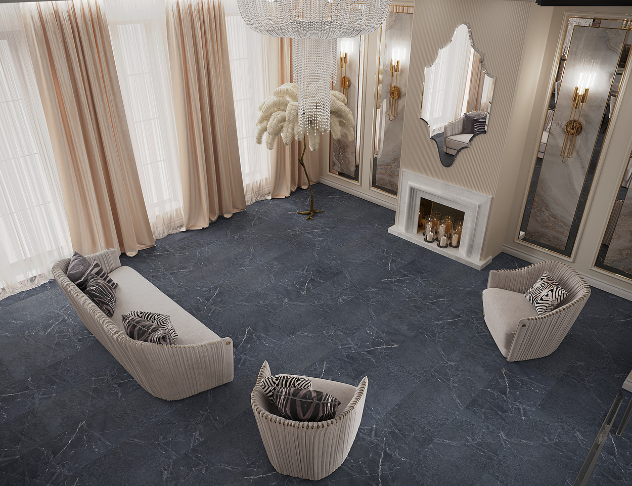 Кварцвиниловый SPC ламинат Vinilam Ceramo Stone Ионический Мрамор 91909 940×470×8 фото в интерьере