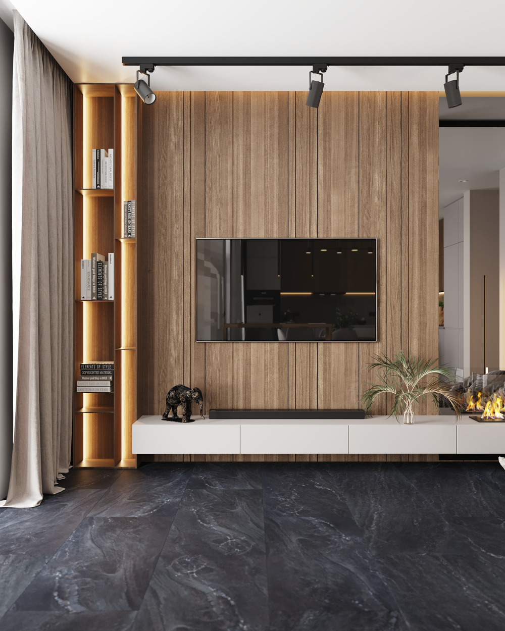 Кварцвиниловый SPC ламинат Vinilam Ceramo Stone Неаполитанский Черный 91910 940×470×8 фото в интерьере