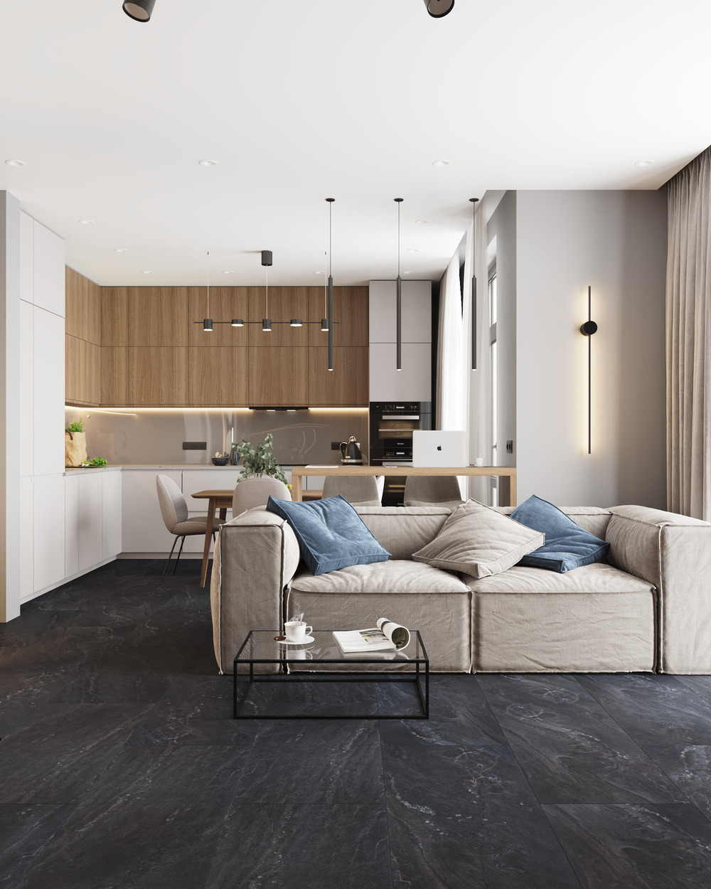 Кварцвиниловый SPC ламинат Vinilam Ceramo Stone Неаполитанский Черный 91910 940×470×8 фото в интерьере