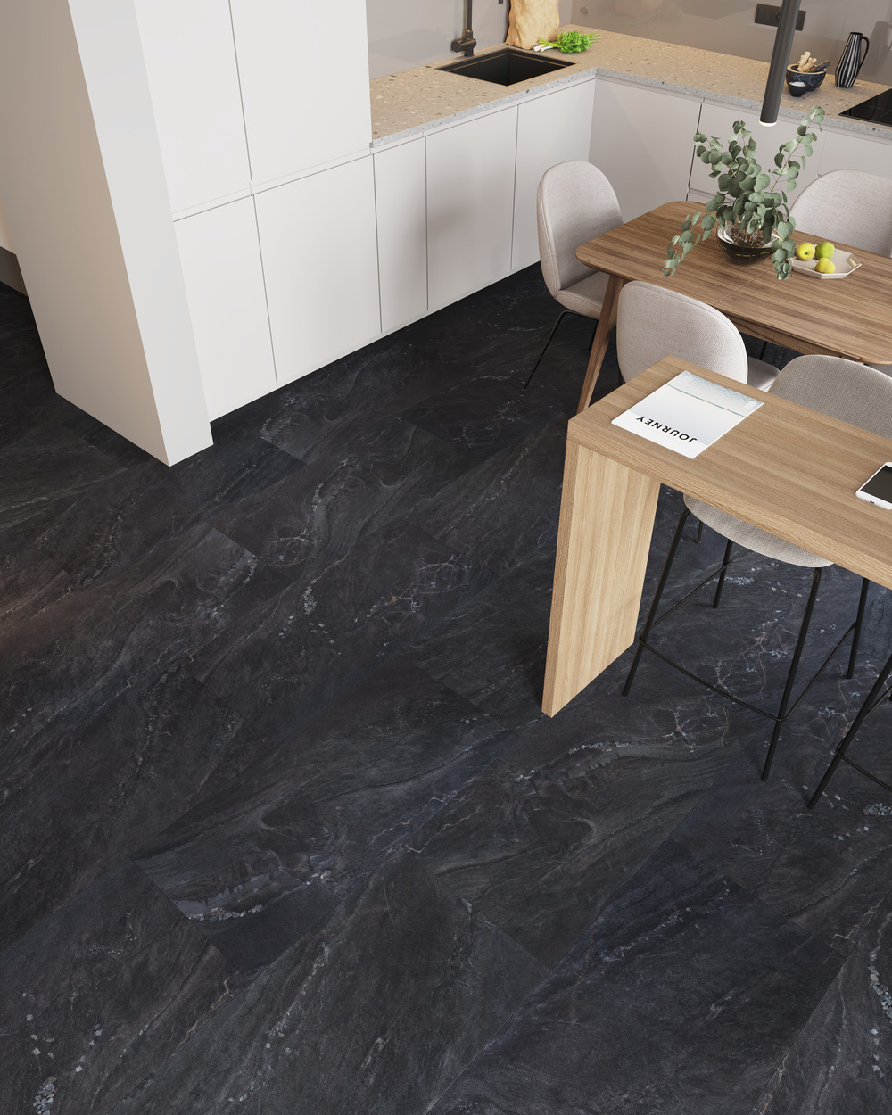 Кварцвиниловый SPC ламинат Vinilam Ceramo Stone Неаполитанский Черный 91910 940×470×8 фото в интерьере