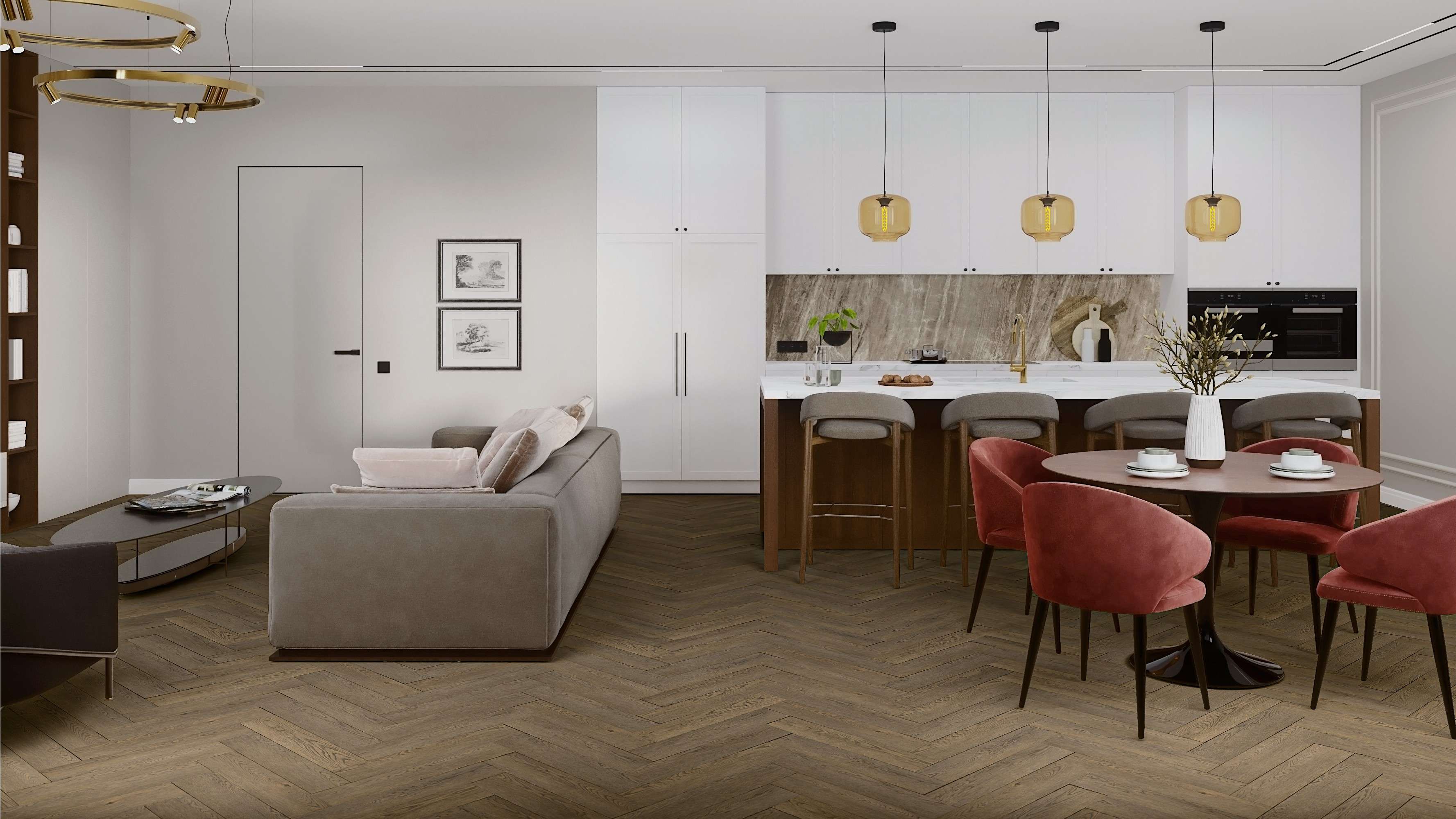 Кварцвиниловый SPC ламинат Damy Floor London Ноттингем Nottingham 0030-6L венгерская елка 615×123×4 фото в интерьере