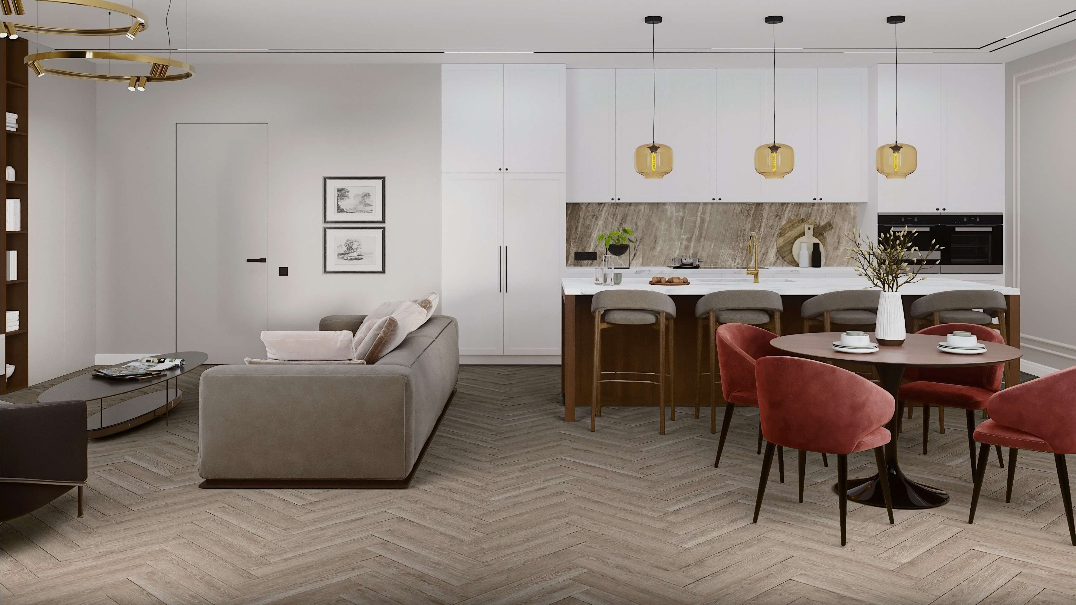 Кварцвиниловый SPC ламинат Damy Floor London Ливерпуль Liverpool 0137 венгерская елка 615×123×4 фото в интерьере