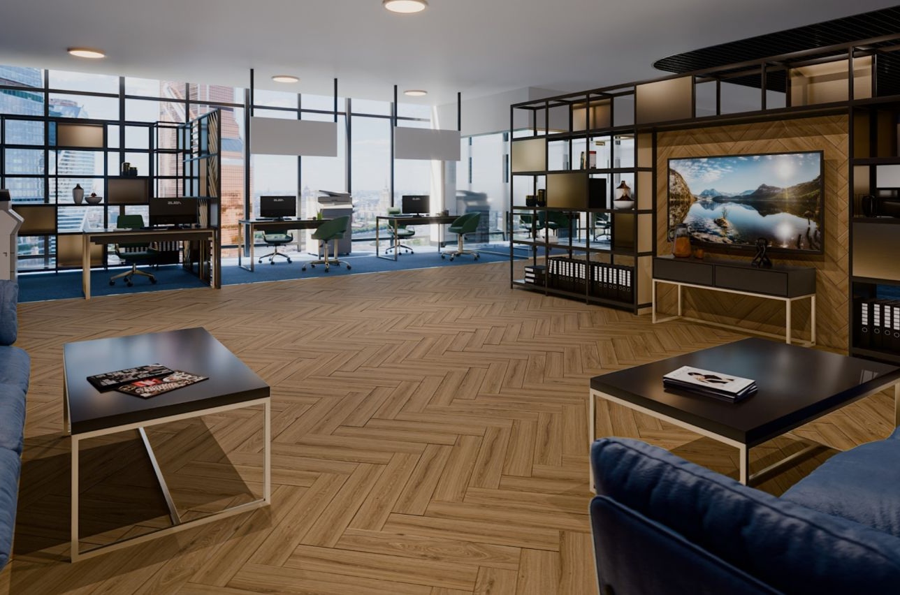 Кварцвиниловый SPC ламинат Damy Floor London Лидс Leeds 5246-10 венгерская елка 615×123×4 фото в интерьере