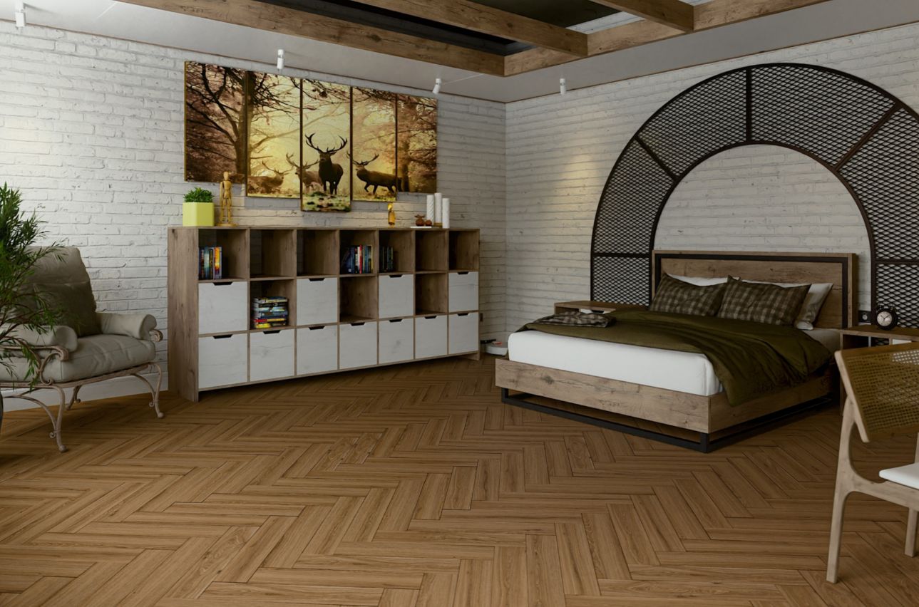 Кварцвиниловый SPC ламинат Damy Floor London Лидс Leeds 5246-10 венгерская елка 615×123×4 фото в интерьере