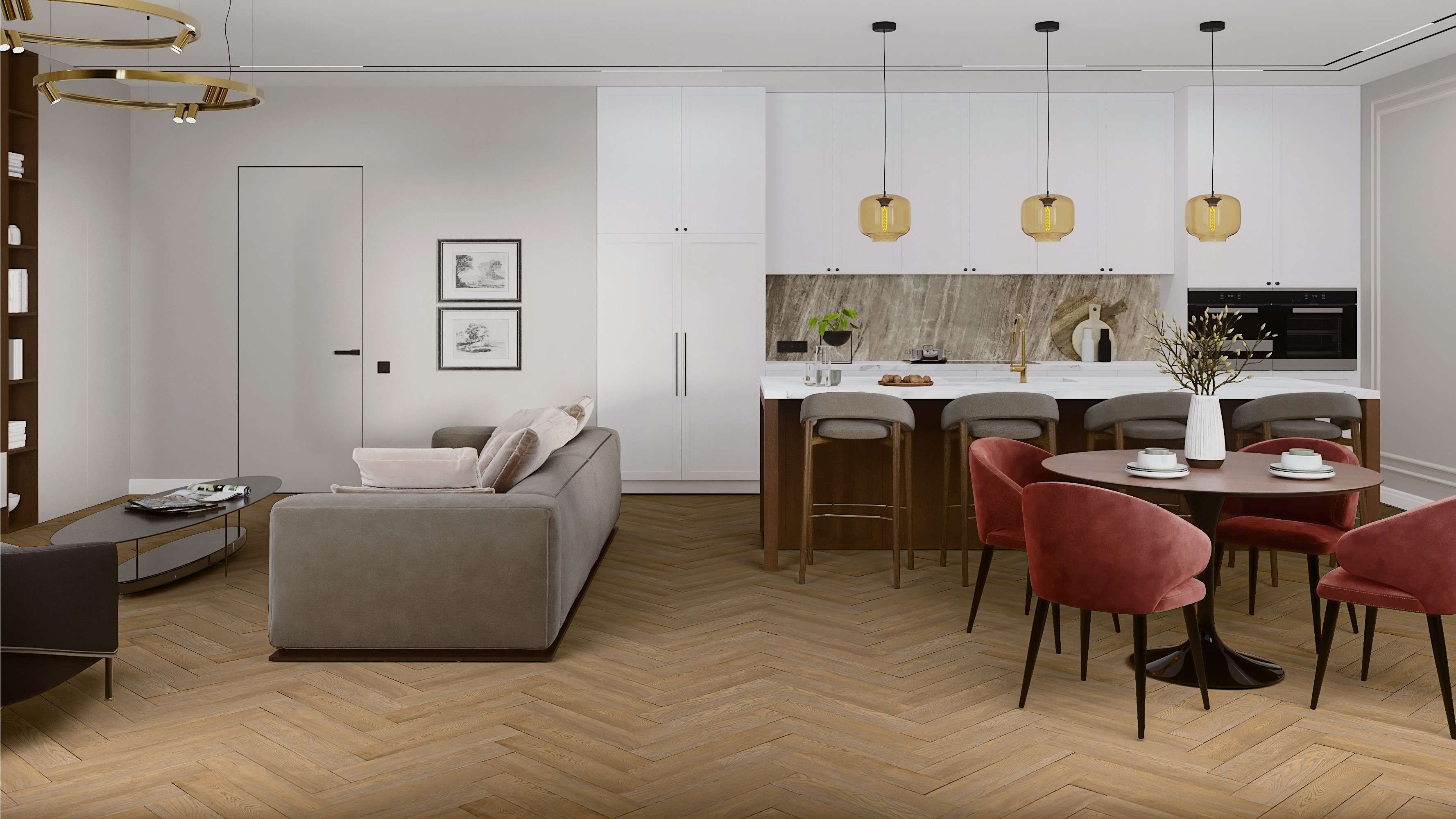 Кварцвиниловый SPC ламинат Damy Floor London Брайтон Brighton 5248-8 венгерская елка 615×123×4 фото в интерьере