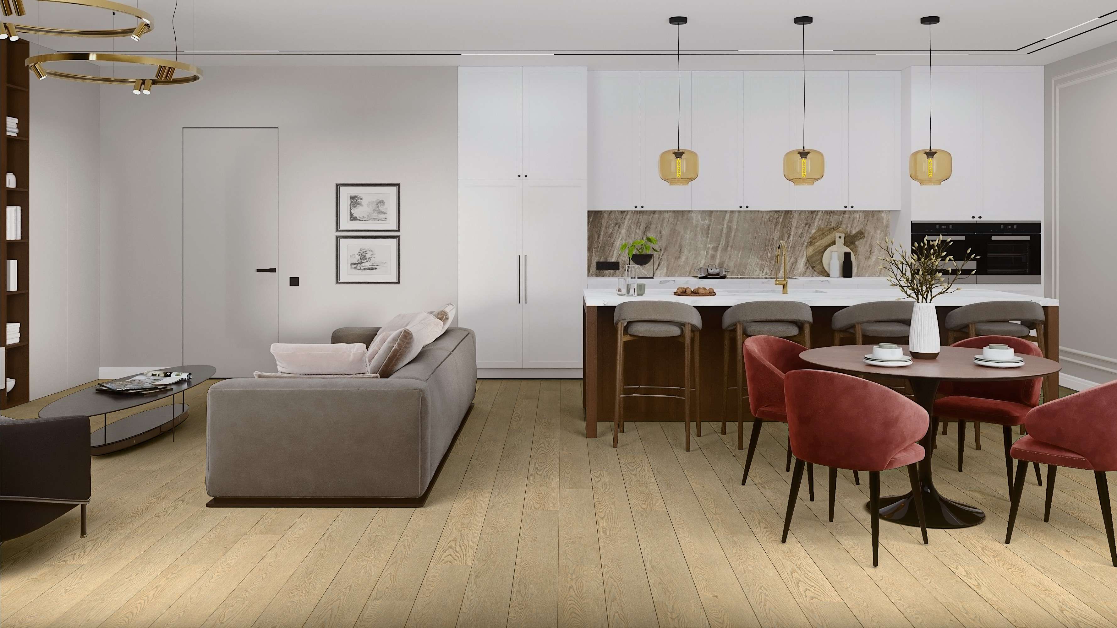 Кварцвиниловый SPC ламинат Damy Floor Family Дуб Латте Latte Oak 0030-2 1220×180×4 фото в интерьере