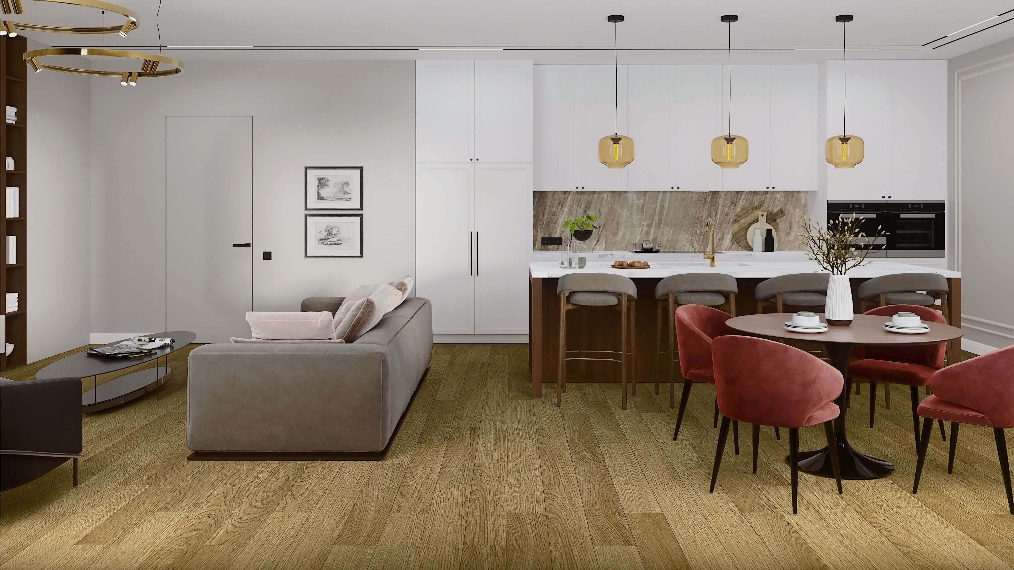 Кварцвиниловый SPC ламинат Damy Floor Family Дуб Золотой Golden Oak 190902EL-07F 1220×180×4 фото в интерьере