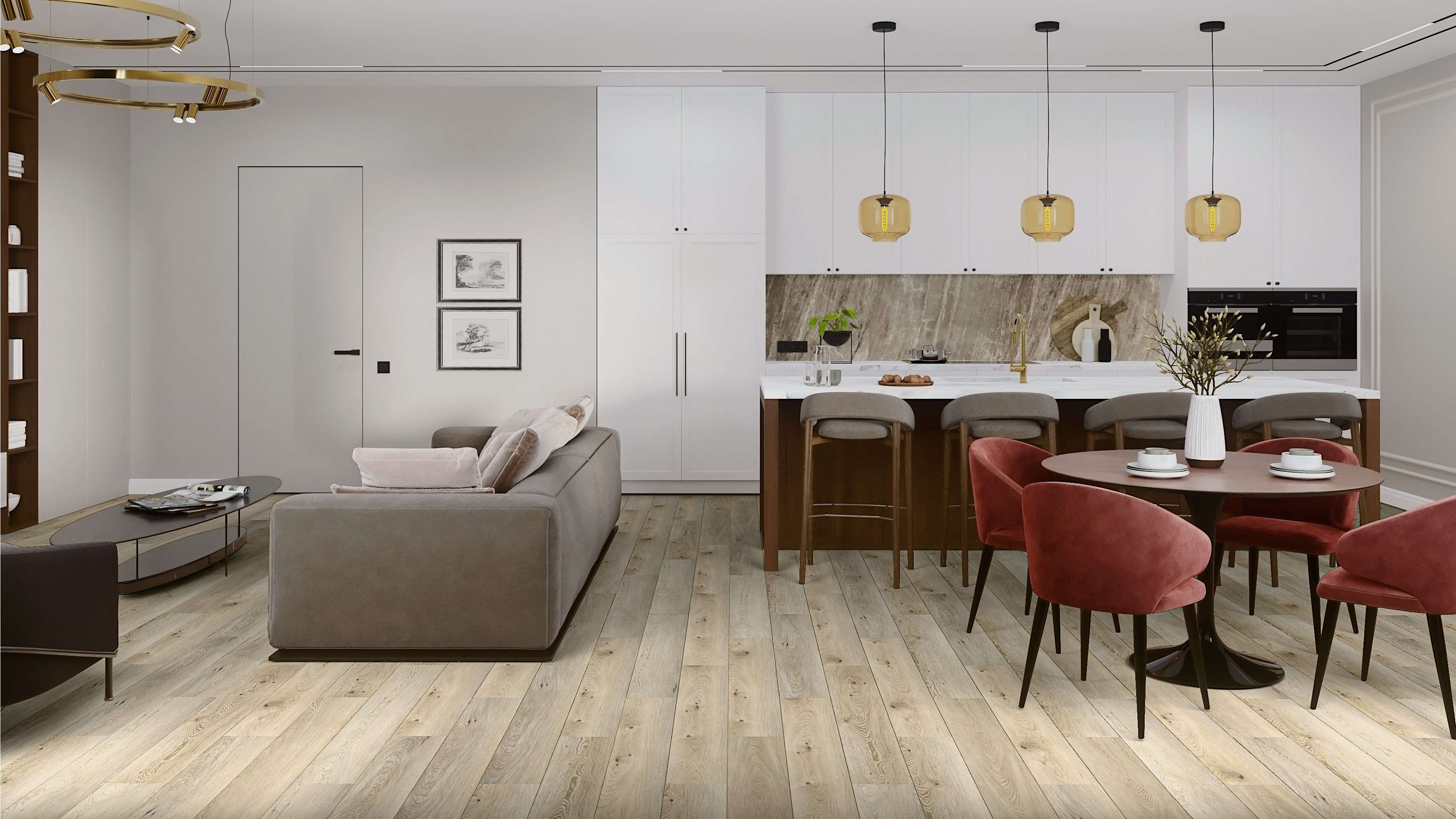 Кварцвиниловый SPC ламинат Damy Floor Family Дуб Кавказский Caucasian Oak 9531-2A 1220×180×4 фото в интерьере