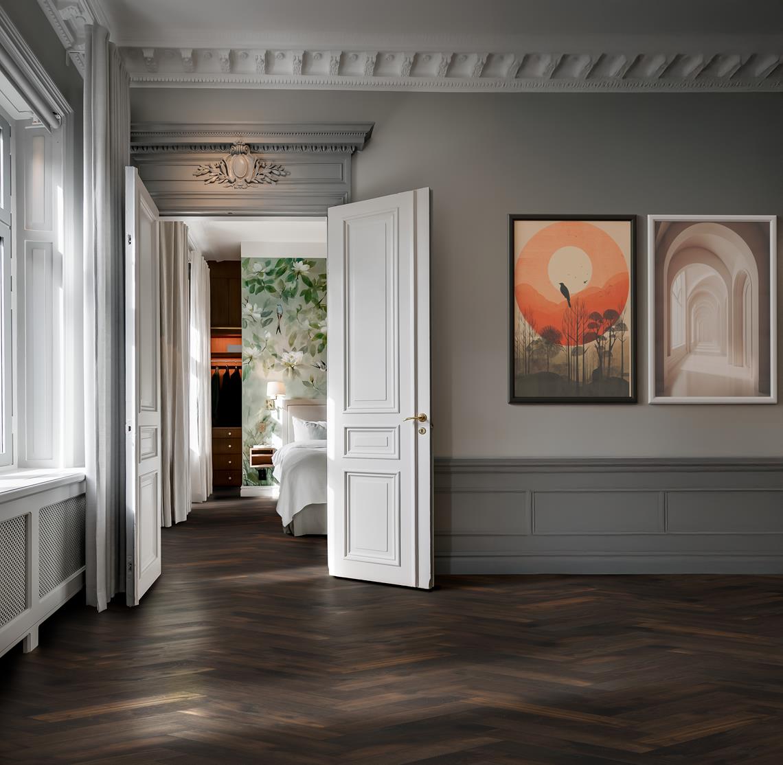 Инженерная доска Kahrs Дуб CD Smoked Dark 111PCDEKFCKE600 Lively венгерская елка 600×120×11 фото в интерьере