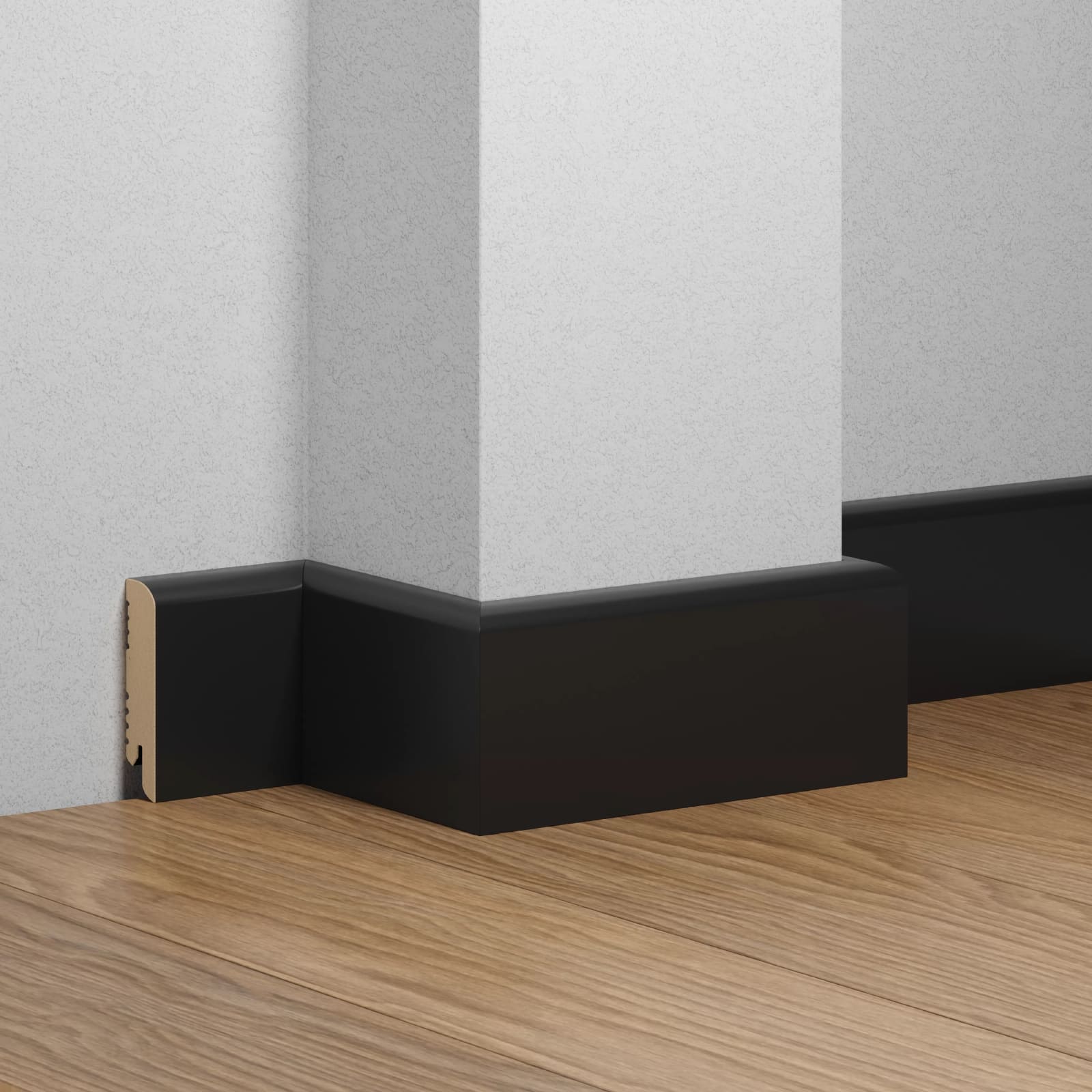 Плинтус МДФ крашеный Ликорн K-02 Глубокий черный RAL 9005 2050×70×16 фото в интерьере