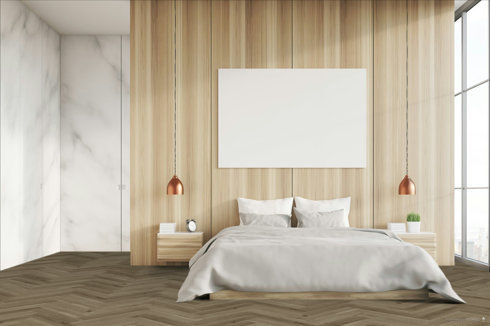 Кварцвиниловая плитка Fargo клеевая Parquet LVT Дуб Марракеш 22-81996-10 венгерская елка 595×119×2,5 фото в интерьере