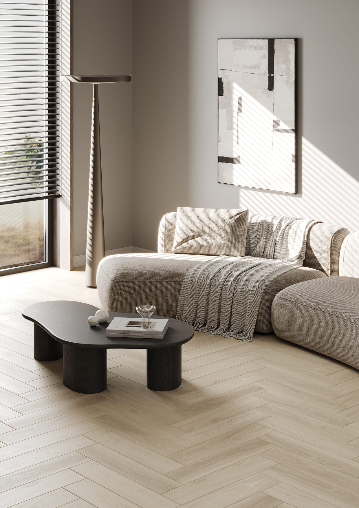 Кварцвиниловая плитка Fargo клеевая Parquet LVT Вяз Оксфорд 22-2101-05 венгерская елка 595×119×2,5 фото в интерьере