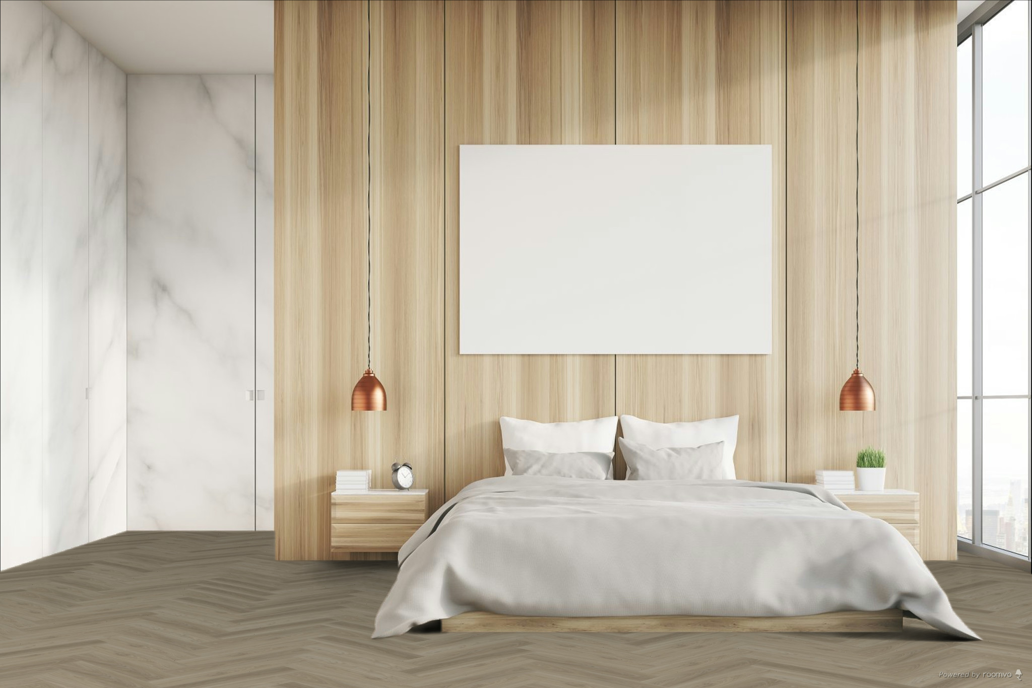 Кварцвиниловая плитка Fargo клеевая Parquet LVT Вяз Оксфорд 22-2101-05 венгерская елка 595×119×2,5 фото в интерьере