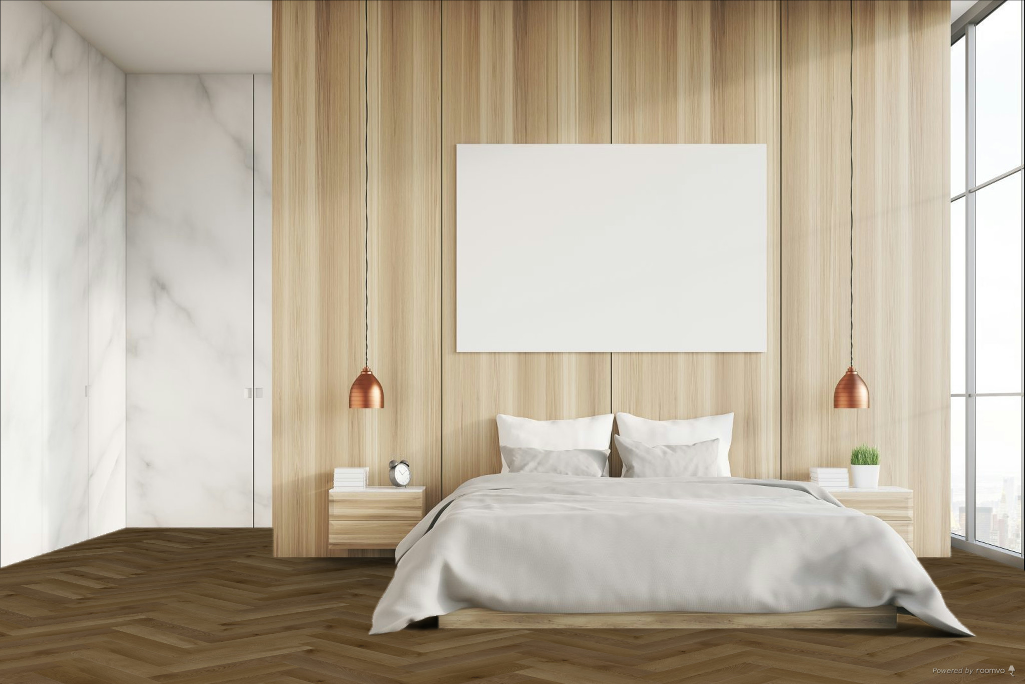 Кварцвиниловая плитка Fargo клеевая Parquet LVT Дуб Окленд 22-653-76 венгерская елка 595×119×2,5 фото в интерьере