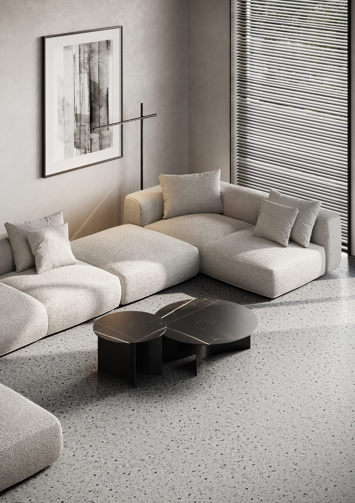 Кварцвиниловая плитка Fargo клеевая Stone LVT Терраццо Холодный 6949-1 606×303×2,5 фото в интерьере