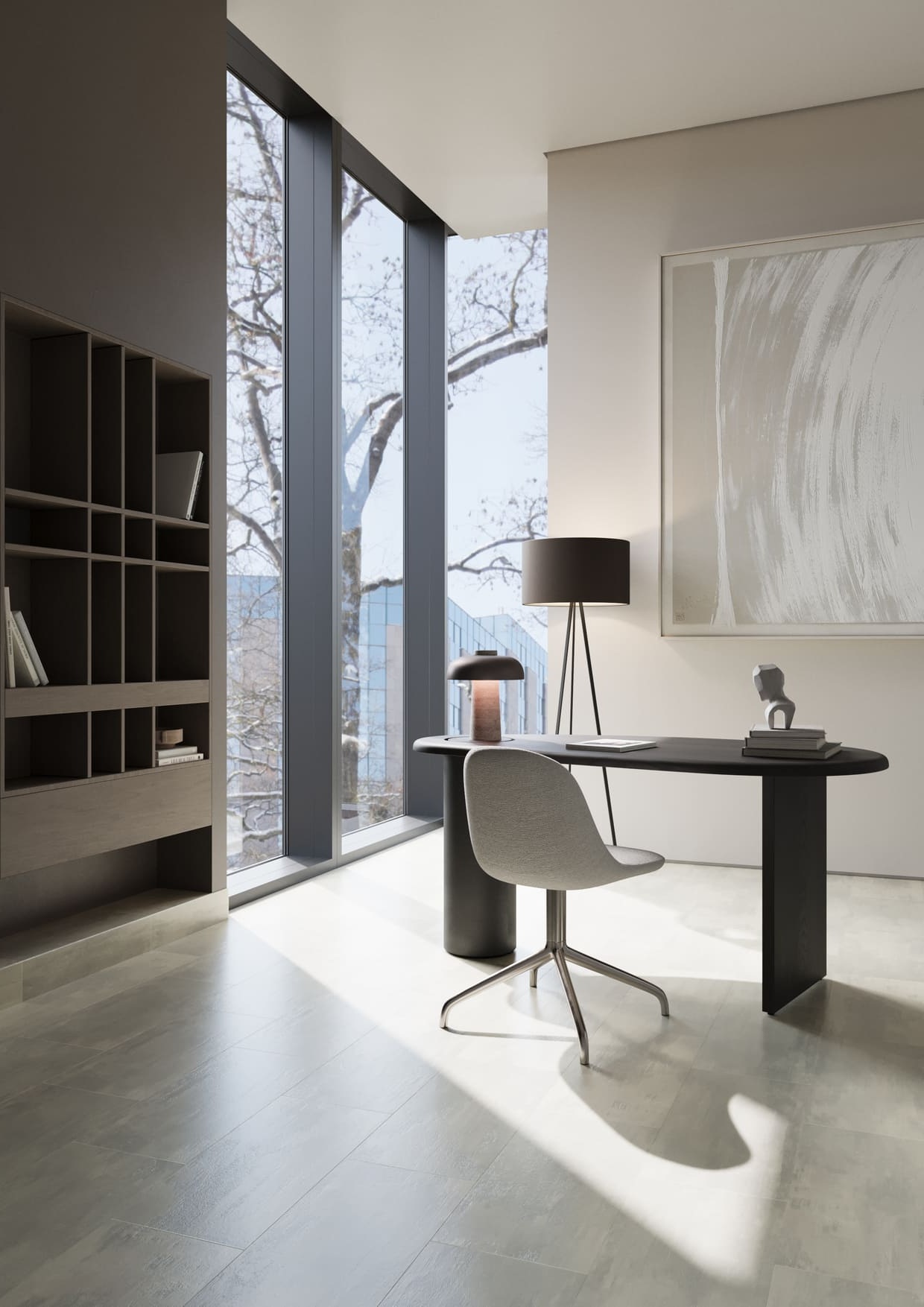 Кварцвиниловая плитка Fargo клеевая Stone LVT Бетон Норд 48143-13 606×303×2,5 фото в интерьере