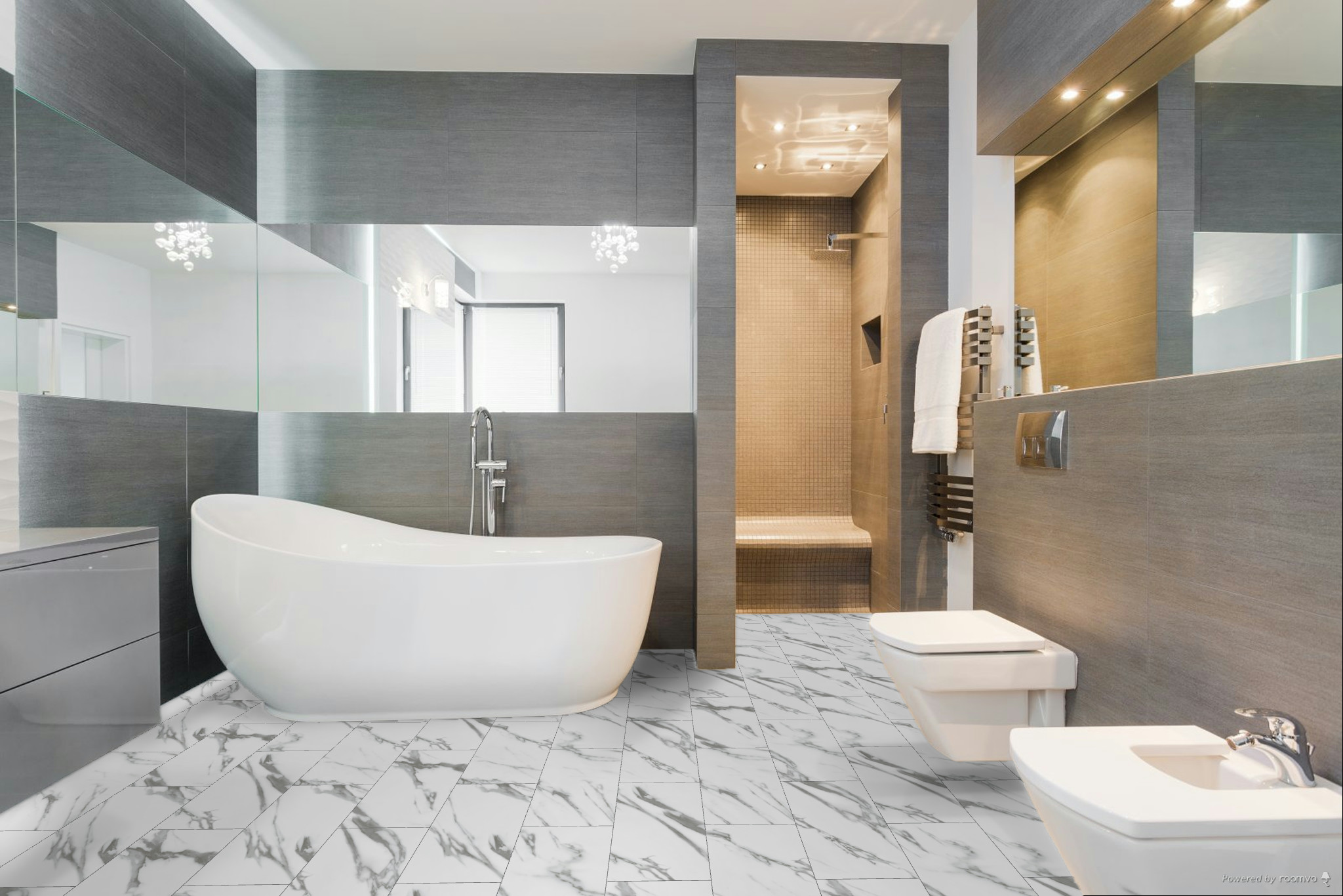 Кварцвиниловая плитка Fargo клеевая Stone LVT Мрамор Калакатта 48105-02 606×303×2,5 фото в интерьере